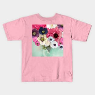 WHITE PINK ROSES ,ANEMONE FLOWERS ,TEAL AQUA BLUE FLORAL Kids T-Shirt